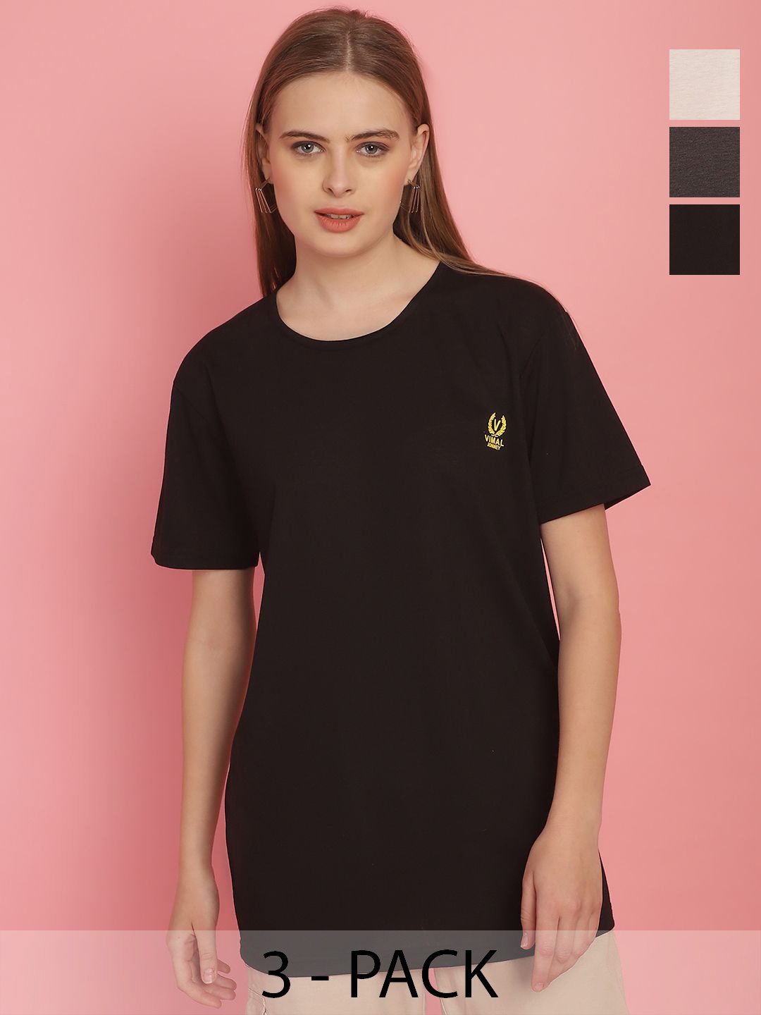 

MACK JONNEY Women Solid Cotton Pack of 3 Applique T-shirt, Black