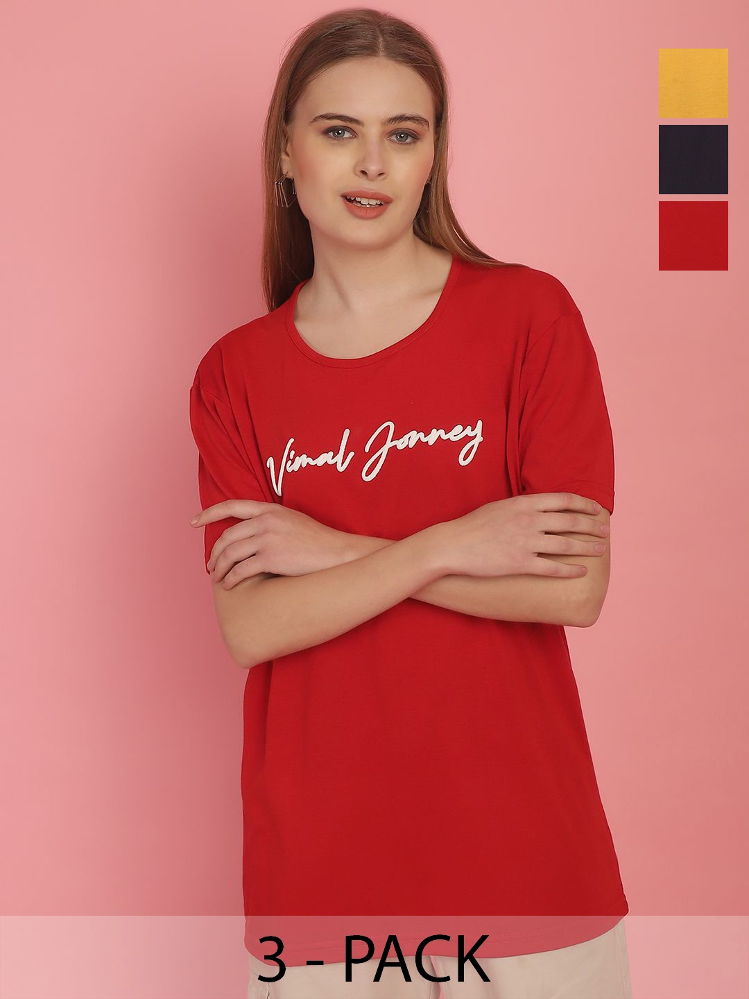 

VIMAL JONNEY Women Cotton Typography Pack of 3 Pockets T-shirt, Red