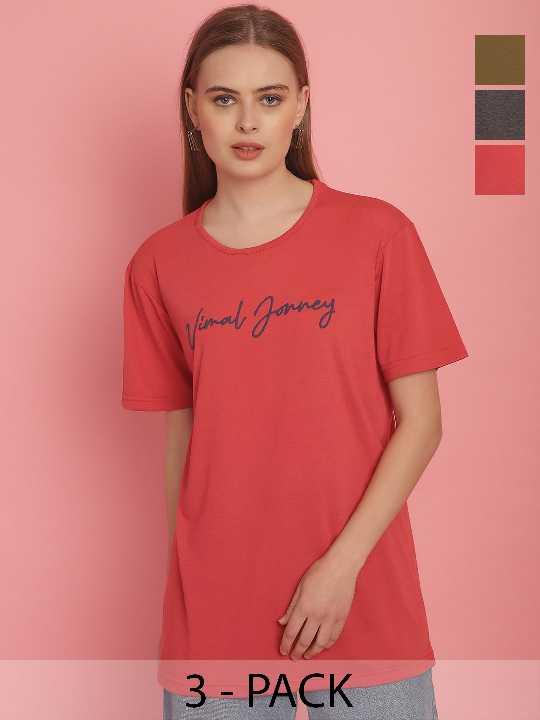 

VIMAL JONNEY Women Typography 3 Printed Applique T-shirt, Red