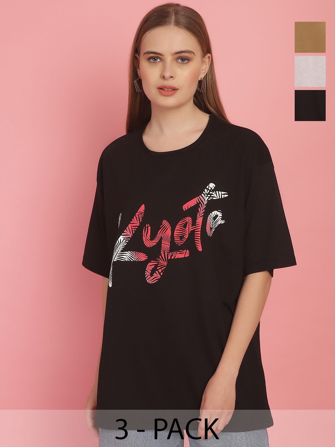 

MACK JONNEY Women Typography 3 Printed Drop-Shoulder Sleeves T-shirt, Multi