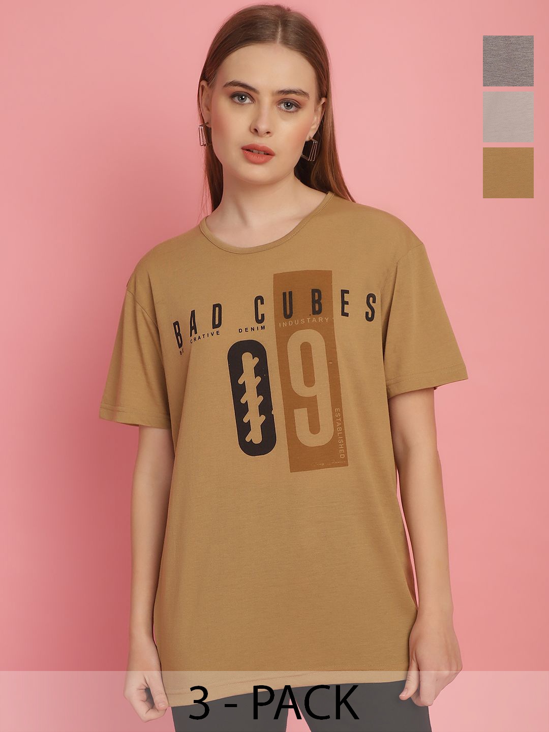 

MACK JONNEY Women Typography Pack of 3 Printed Pockets T-shirt, Mustard