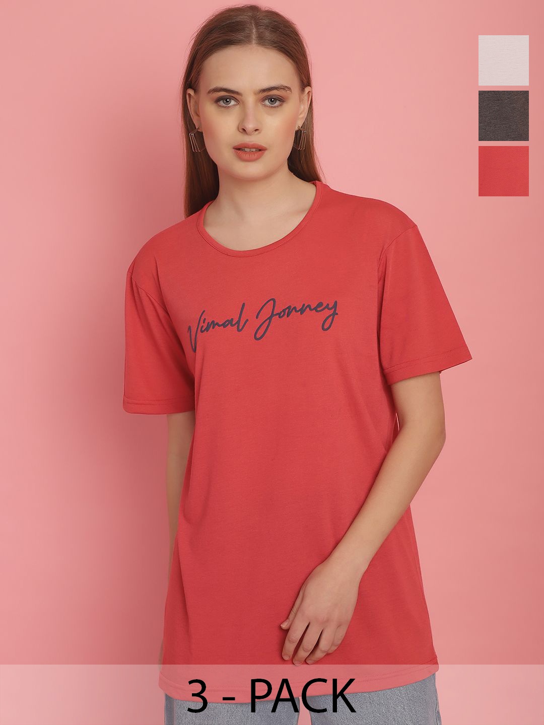 

VIMAL JONNEY Women 3 Printed V-Neck Pockets T-shirt, Multi
