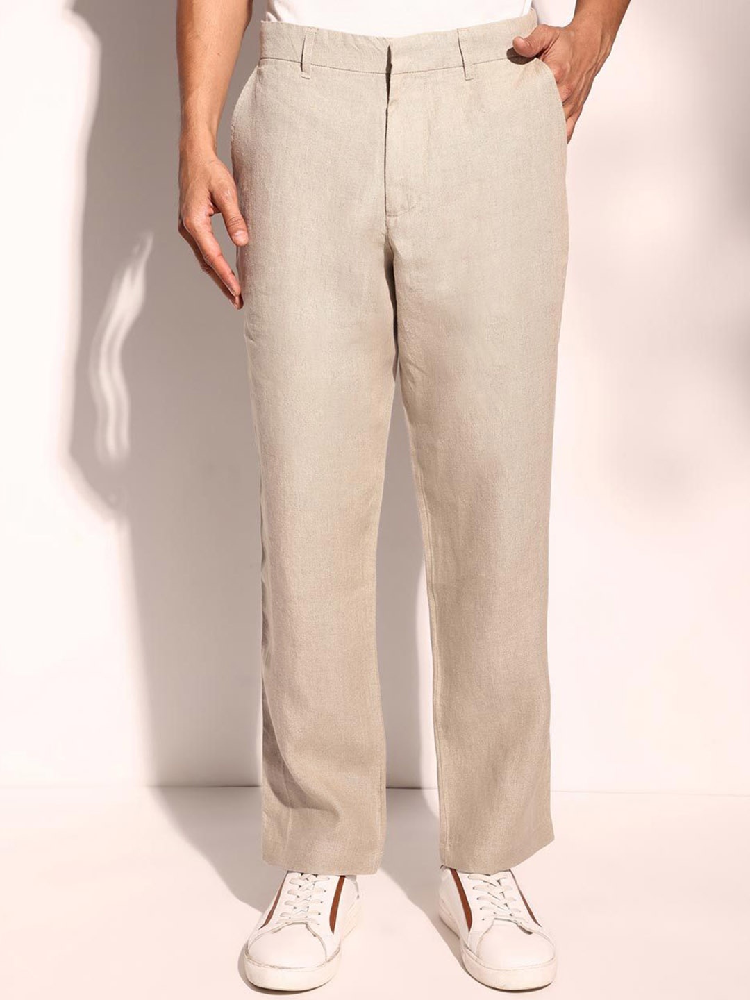 

Fabindia Men Straight Fit Mid Rise Parallel Trousers, Beige