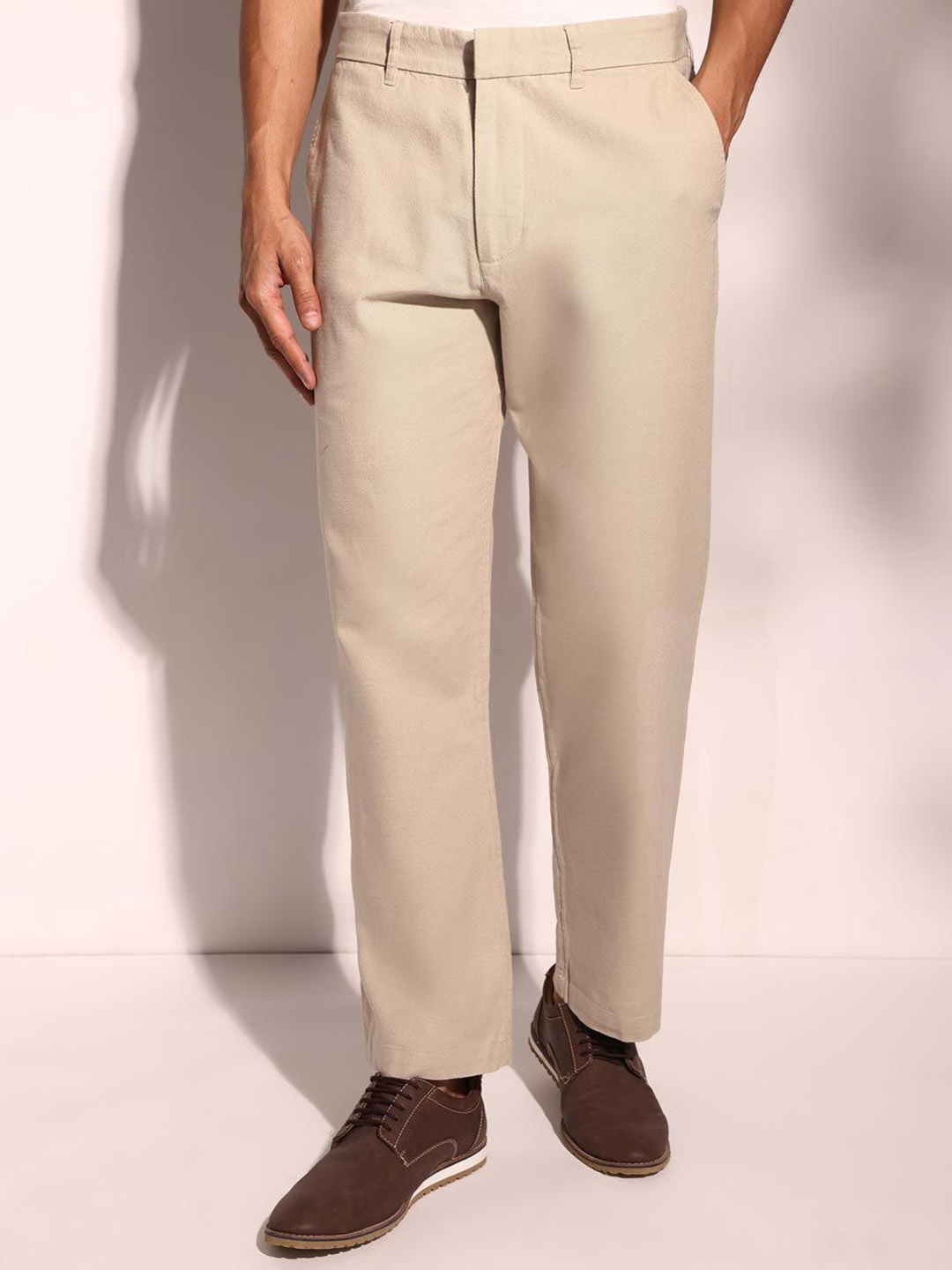 

Fabindia Men Solid Straight Fit Chinos Trousers, Beige