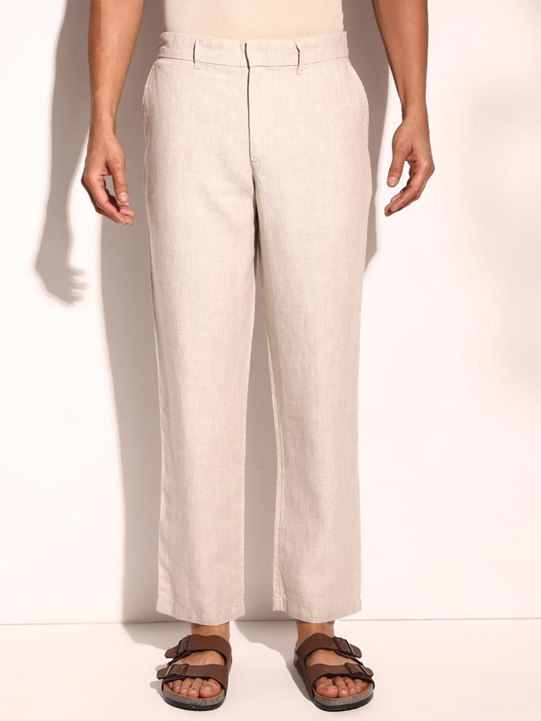 

Fabindia Men Mid Rise Straight Fit Trousers, Beige