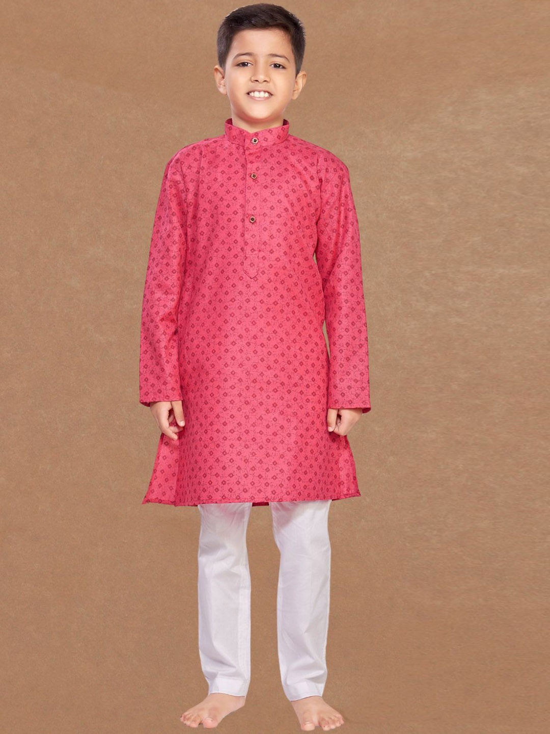 

SHIWAM ETHNIX Boys Geometric Printed Band Collar Cotton Silk Straight Kurta, Pink