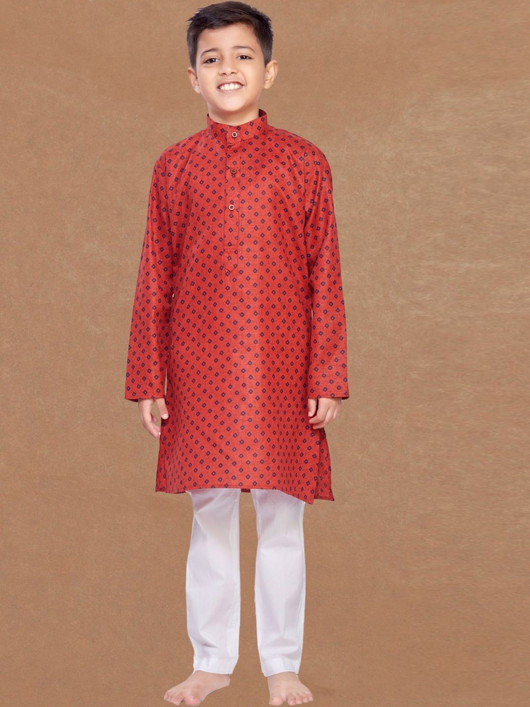 

SHIWAM ETHNIX Boys Ethnic Motifs Printed Band Collar Cotton Silk Straight Kurta, Red