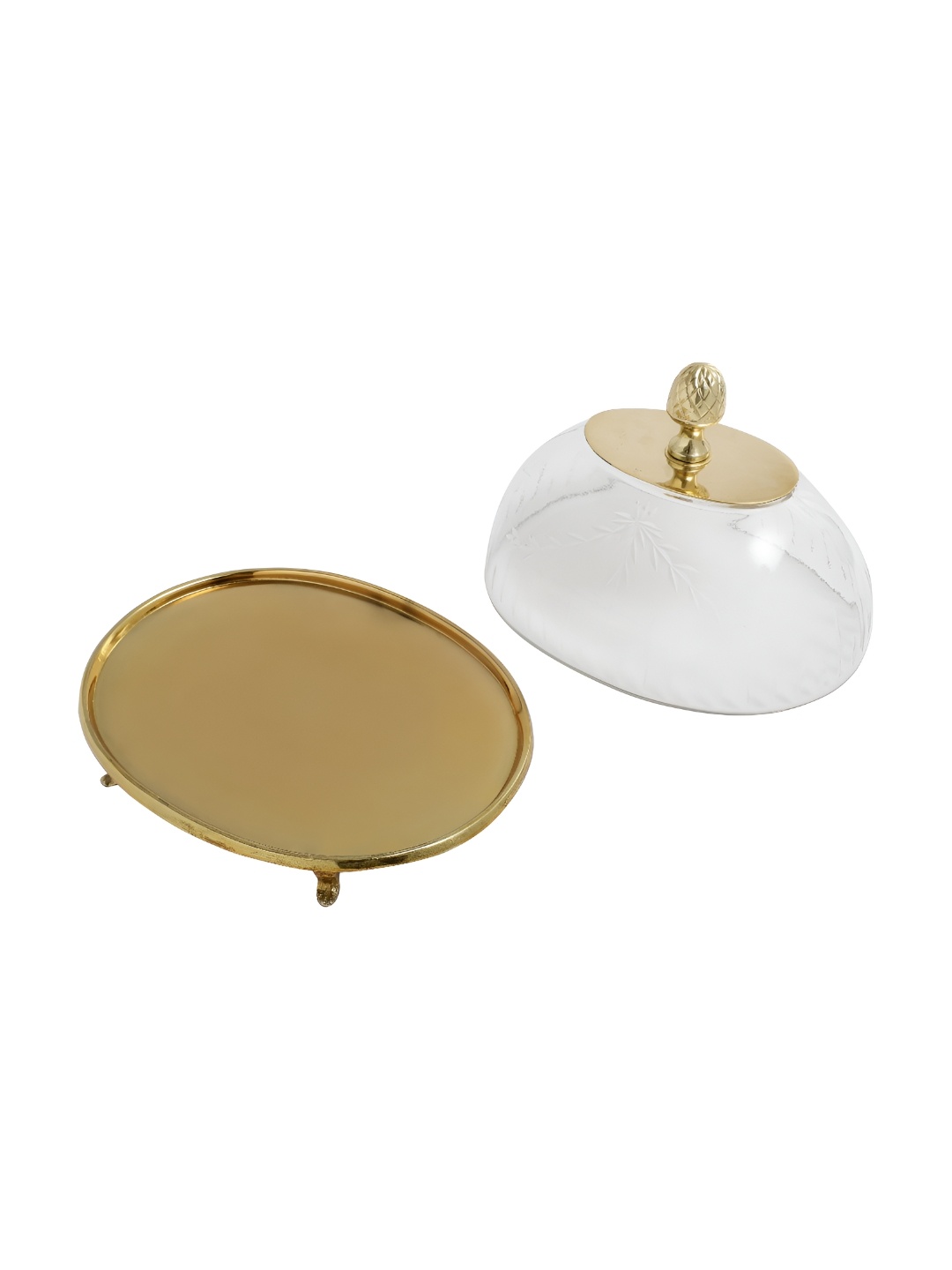 

Decor de Maison Gold Toned & Transparent Leafy Cake Stand With Glass Dome