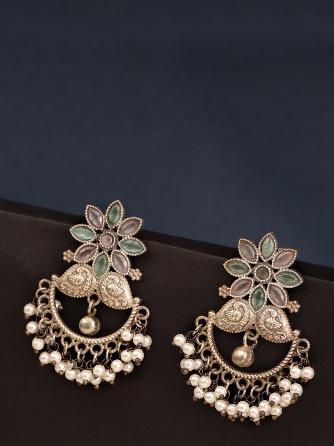 

Fabindia Stone-Studded & Beaded Floral Chandbalis, Gold