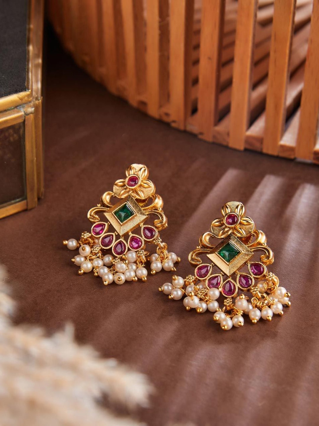 

Fabindia Stone Studded & Beaded Drop Earrings, Gold
