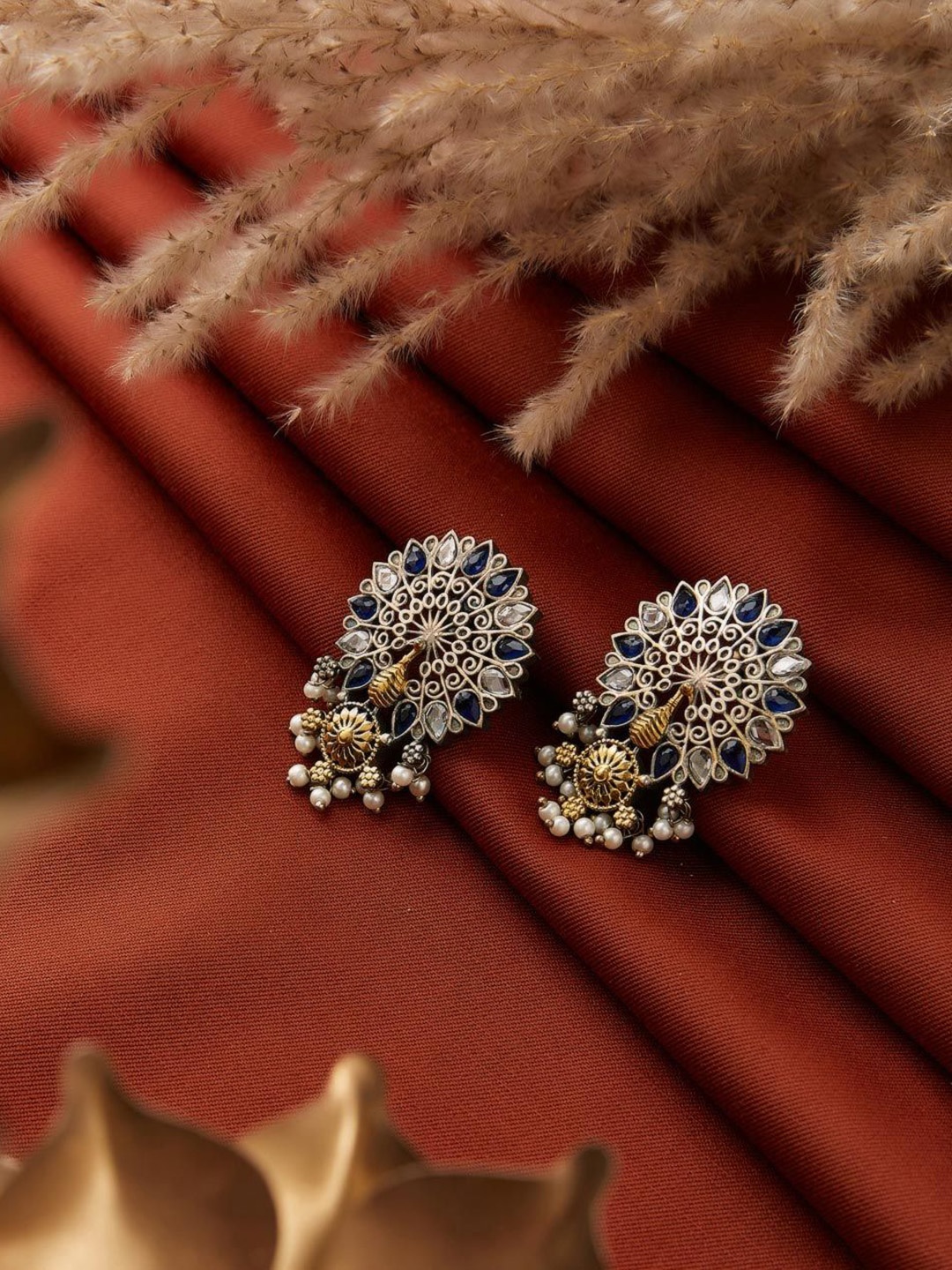 

Fabindia Stone-Studded & Beaded Contemporary Drop Earrings, Silver