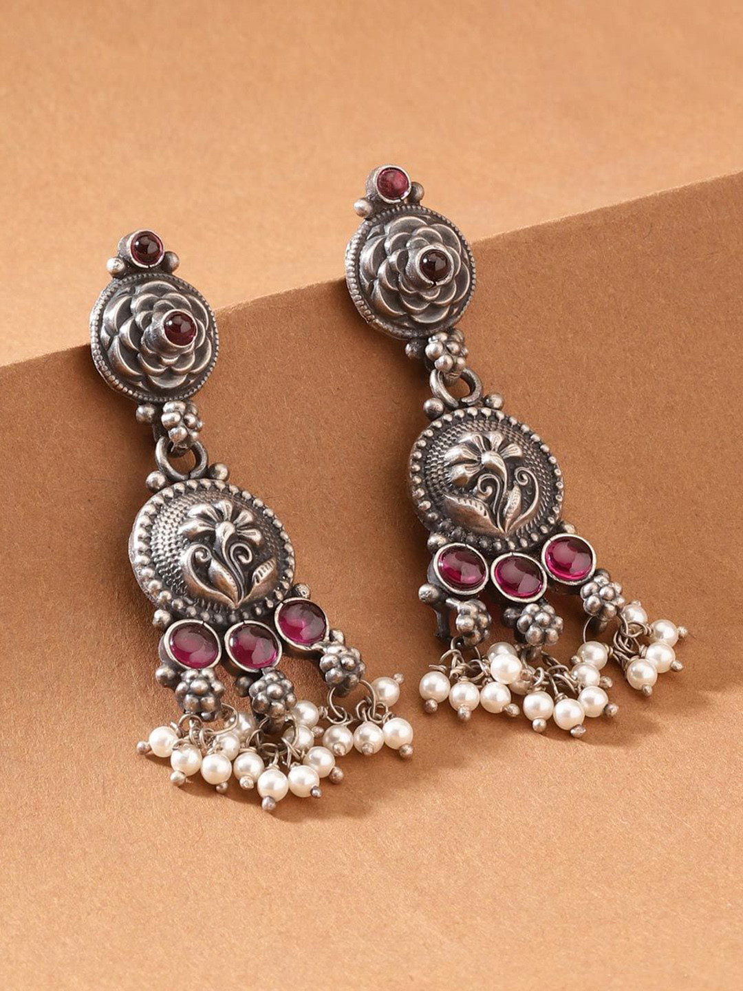 

Fabindia Stone-Studded & Beaded Contemporary Drop Earrings, Silver