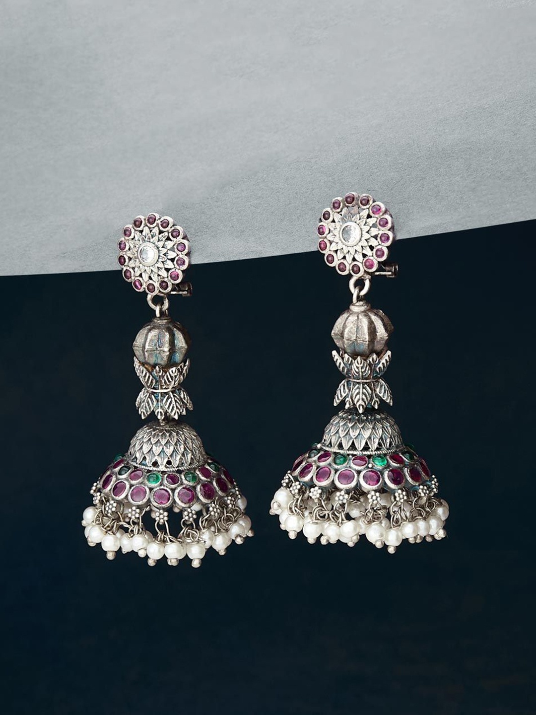 

Fabindia Stone Studded & Beaded Jhumkas, Silver