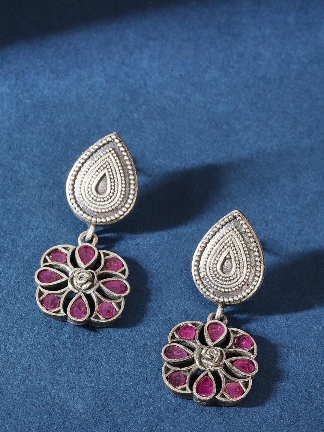 

Fabindia Stone-Studded Teardrop Shaped Drop Earrings, Silver