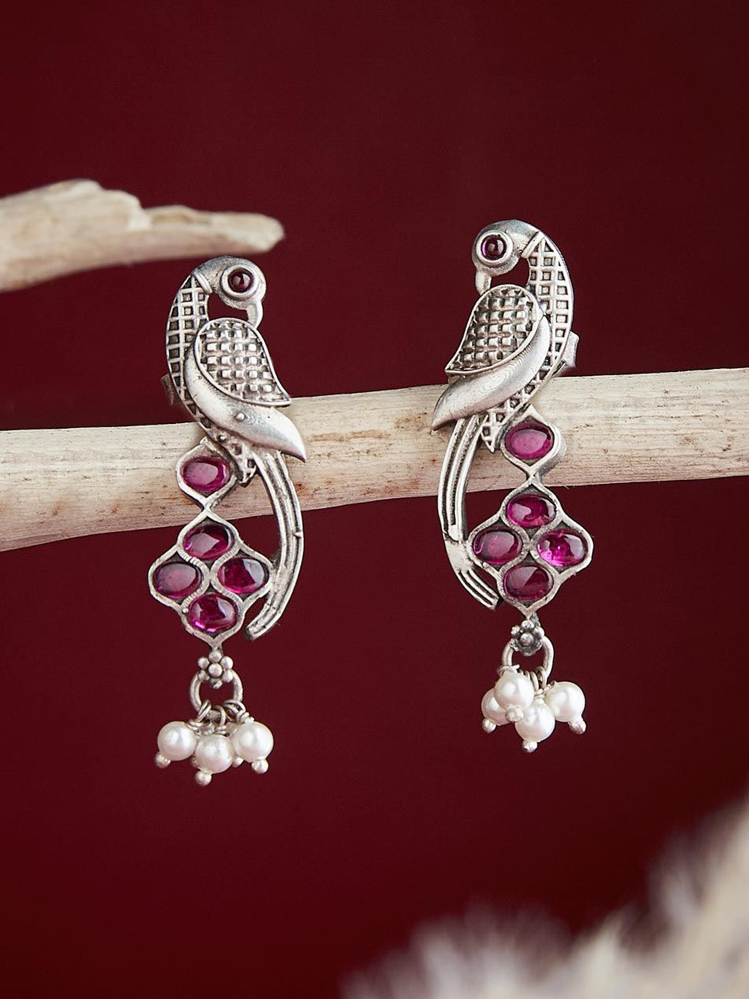 

Fabindia Stone-Studded & Beaded Peacock Shaped Drop Earrings, Silver