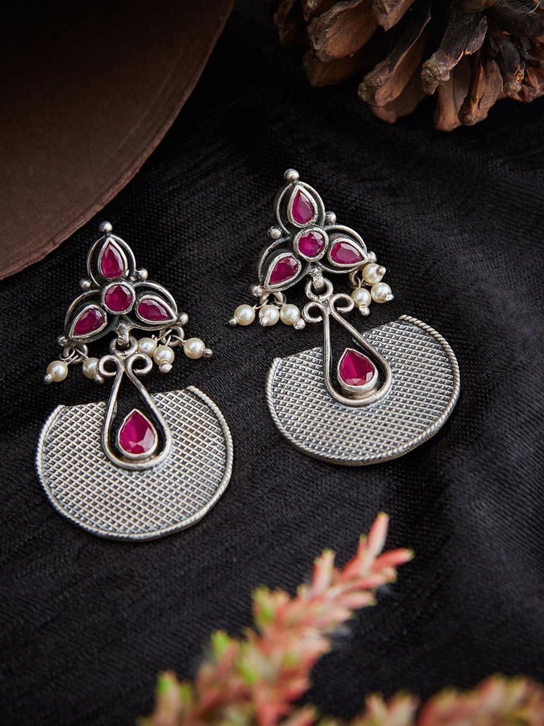 

Fabindia Stone-Studded & Beaded Silver Oxidised Floral Drop Earrings