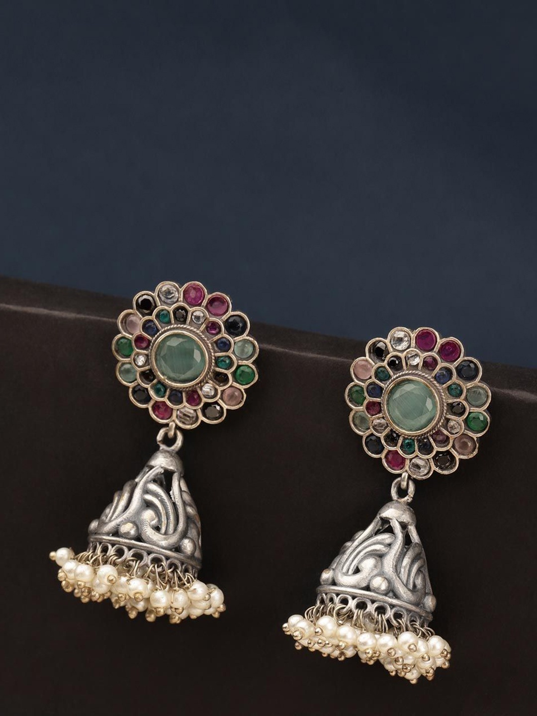 

Fabindia Floral Shaped Stone Studded & Beaded Jhumkas, Silver