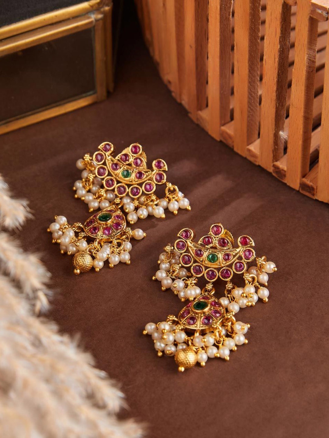 

Fabindia Artificial Stones and Beads Drop Earrings, Gold