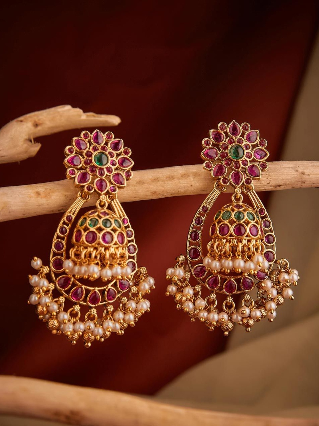 

Fabindia Stone-Studded & Beaded Dome Shaped Drop Earrings, Gold