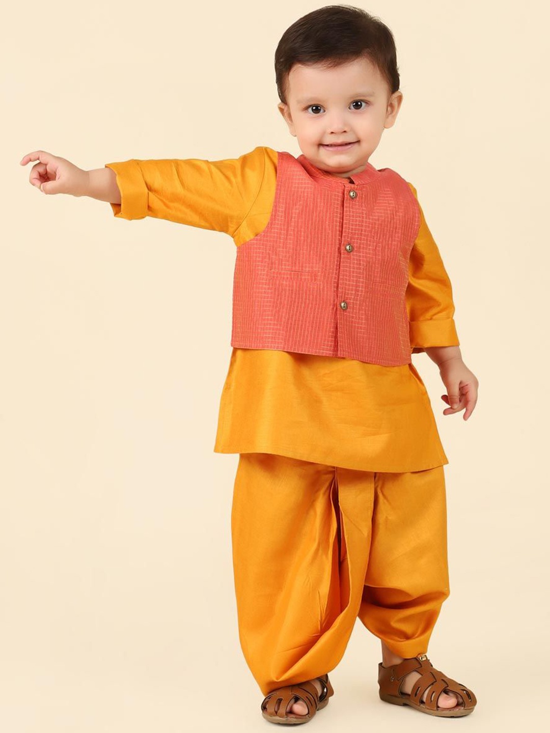 

Fabindia Infant Boys Round Neck Straight Kurta with Dhoti Pants & Nehru jacket, Yellow