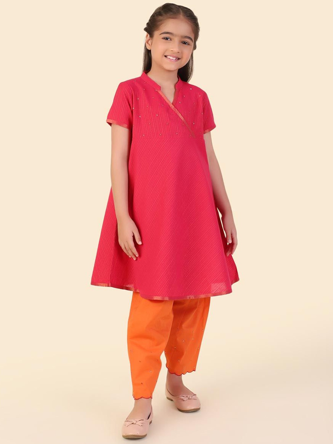 

Fabindia Girls Striped Mandarin Collar Angrakha Sequinned A-Line Kurta with Salwar, Pink