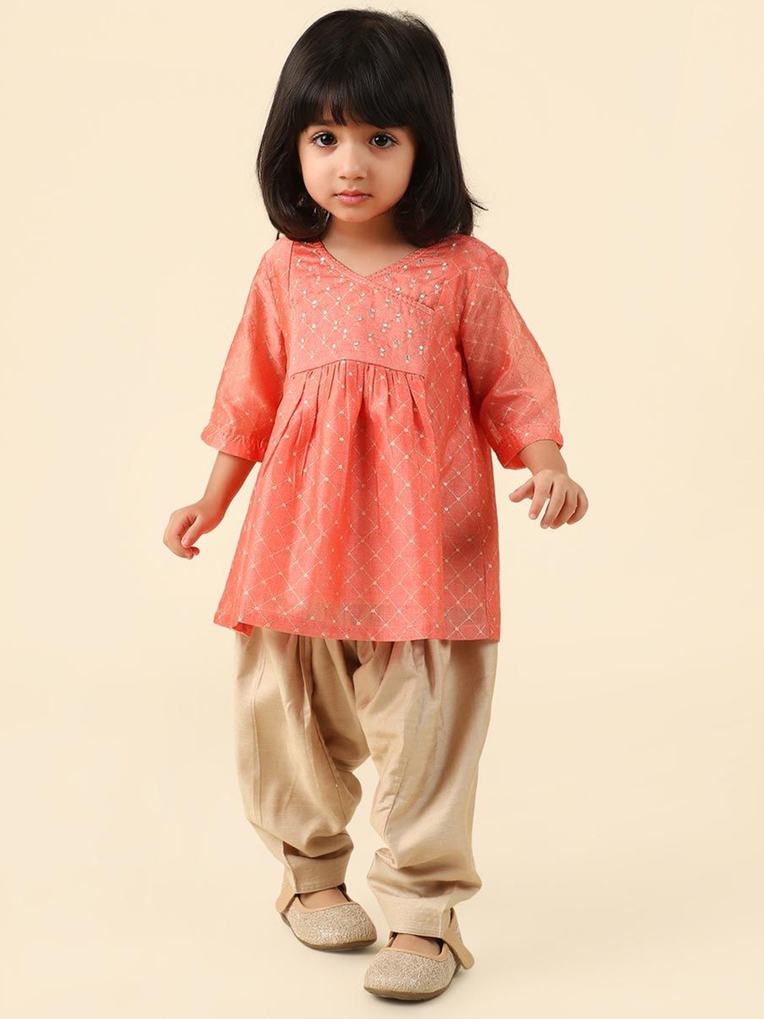 

Fabindia Infant Girls Geometric Printed Cotton Silk Angrakha A-Line Kurta with Salwar, Pink