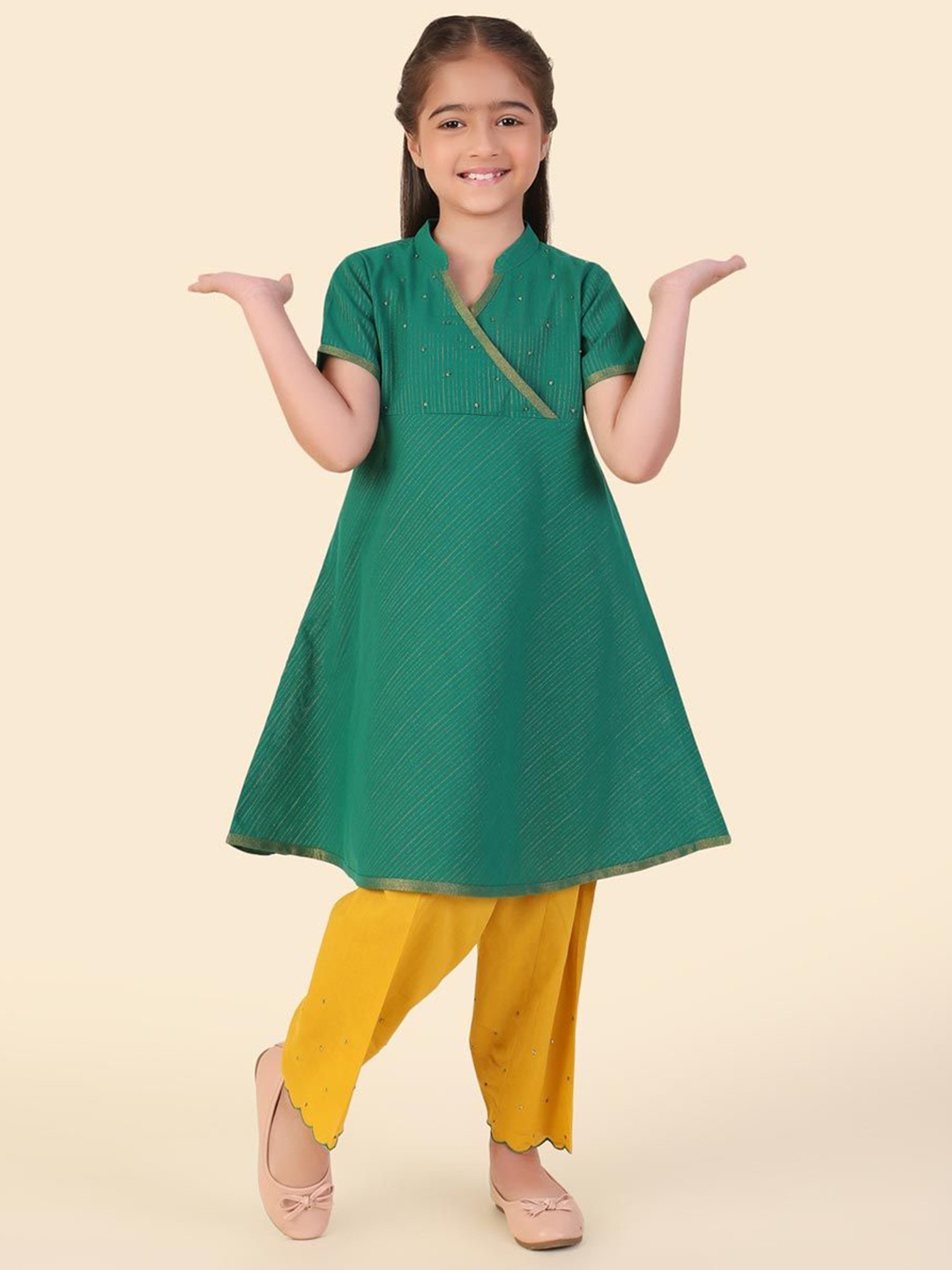 

Fabindia Girls Striped Mandarin Collar Angrakha Sequinned A-Line Kurta with Salwar, Green