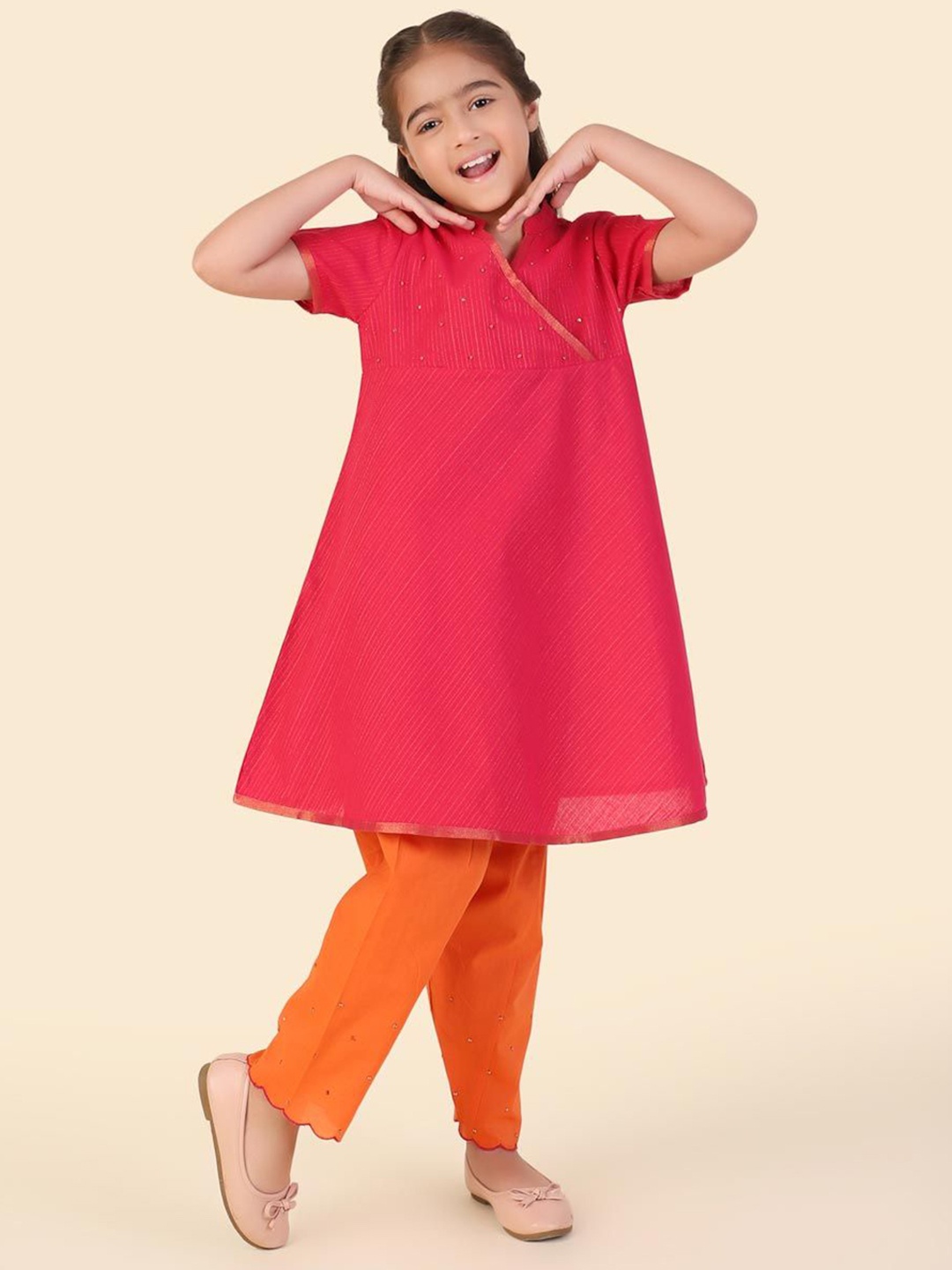 

Fabindia Girls Striped Mandarin Collar Angrakha Sequinned A-Line Kurta with Salwar, Pink