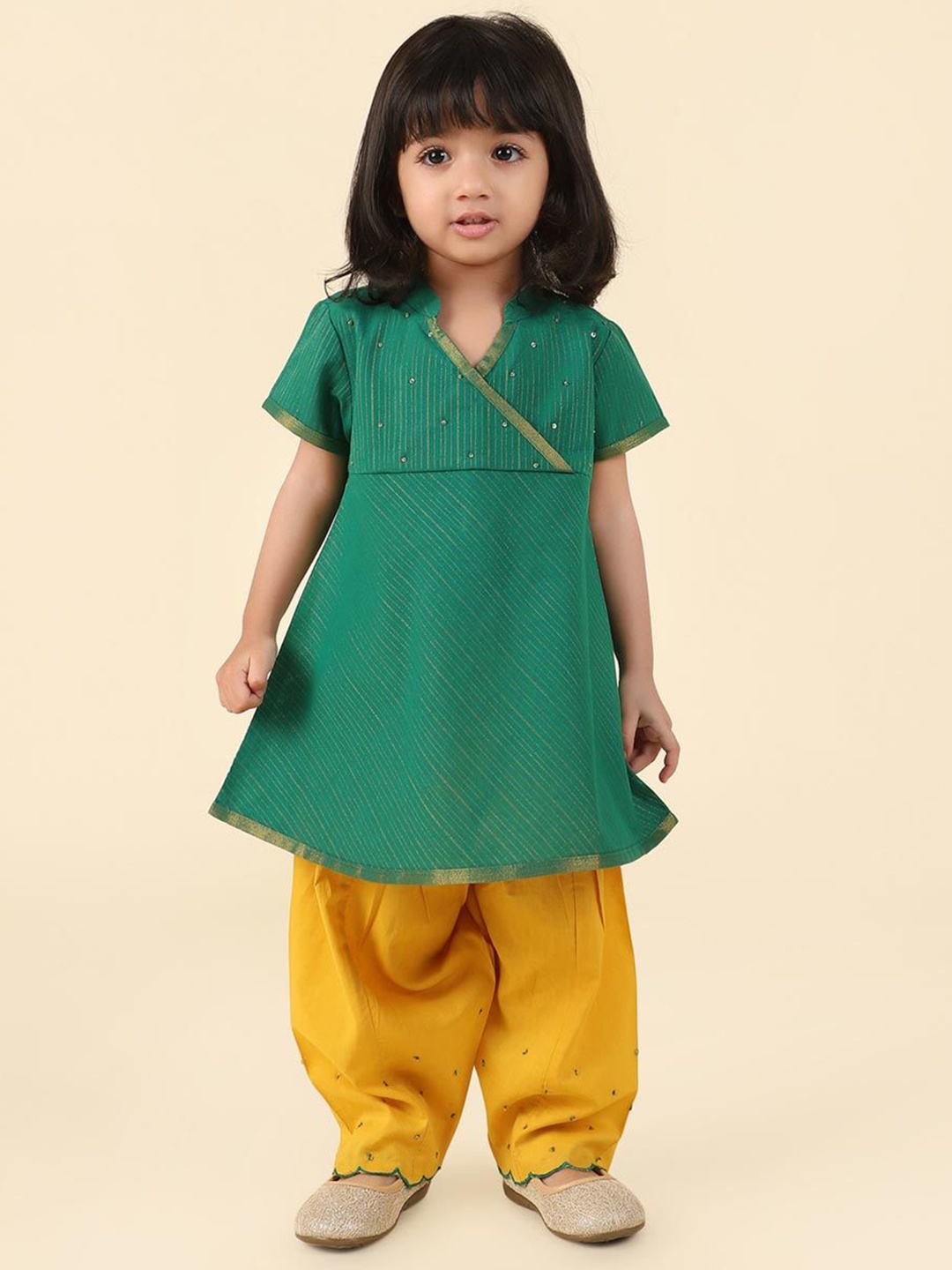 

Fabindia Infant Girls Striped Angrakha Sequinned A-Line Kurta with Salwar, Green