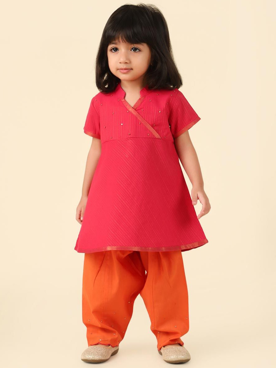 

Fabindia Infant Girls Striped Angrakha Sequinned A-Line Kurta with Salwar, Pink