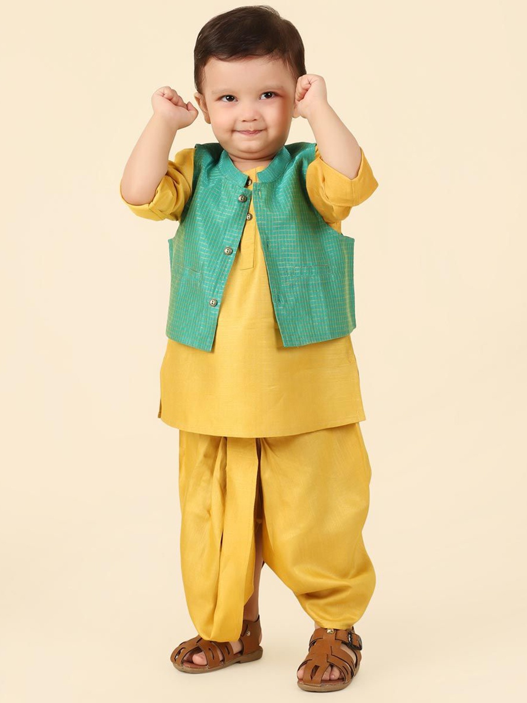 

Fabindia Infant Boys Round Neck Straight Kurta with Dhoti Pants & Nehru jacket, Mustard