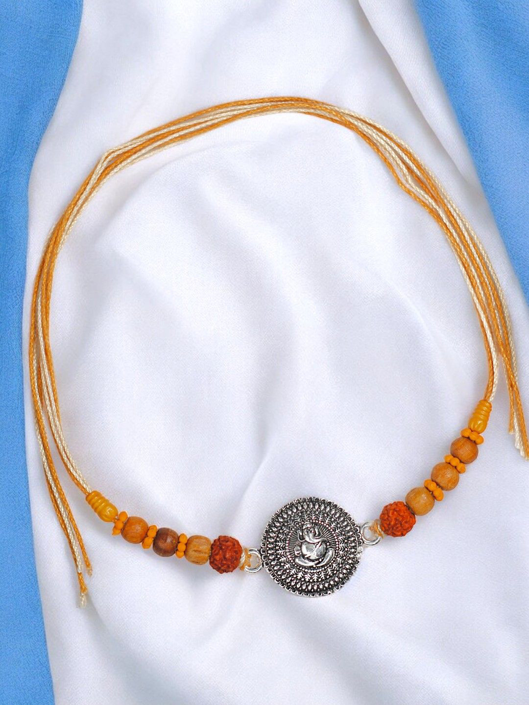 

Taraash 925 Sterling Silver Ganesh Motif With Rudraksha Beaded Thread Rakhi, Brown