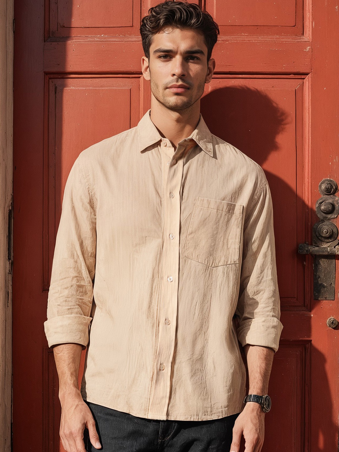 

H&M Men Classic Spread Collar Solid Cotton Casual Shirt, Beige