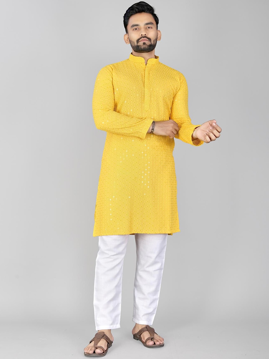 

ADWYN PETER Floral Embroidered Mandarin Collar Pure Cotton Straight Kurta, Yellow