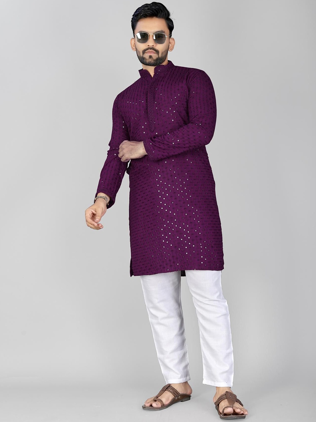 

ADWYN PETER Floral Embroidered Mandarin Collar Pure Cotton Straight Kurta, Purple