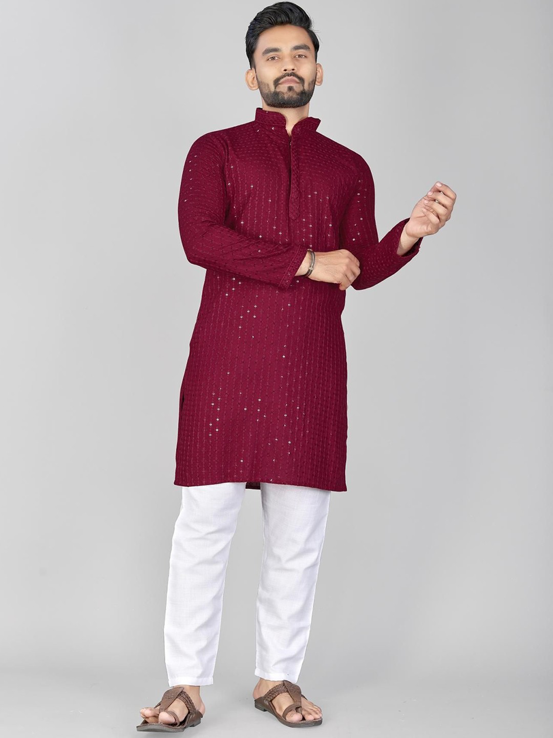 

ADWYN PETER Floral Embroidered Mandarin Collar Pure Cotton Straight Kurta, Red