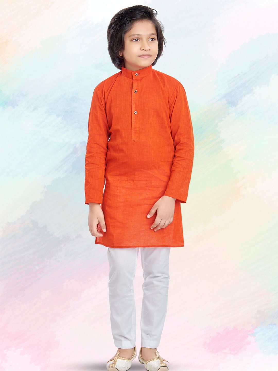

SHIWAM ETHNIX Boys Band Collar Long Sleeves Cotton Straight Kurta, Orange