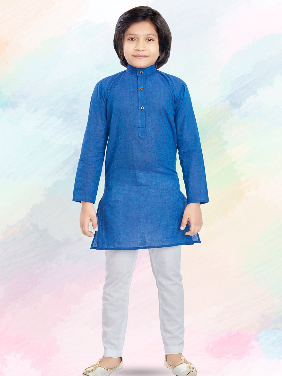 

SHIWAM ETHNIX Boys Band Collar Long Sleeves Cotton Straight Kurta, Blue