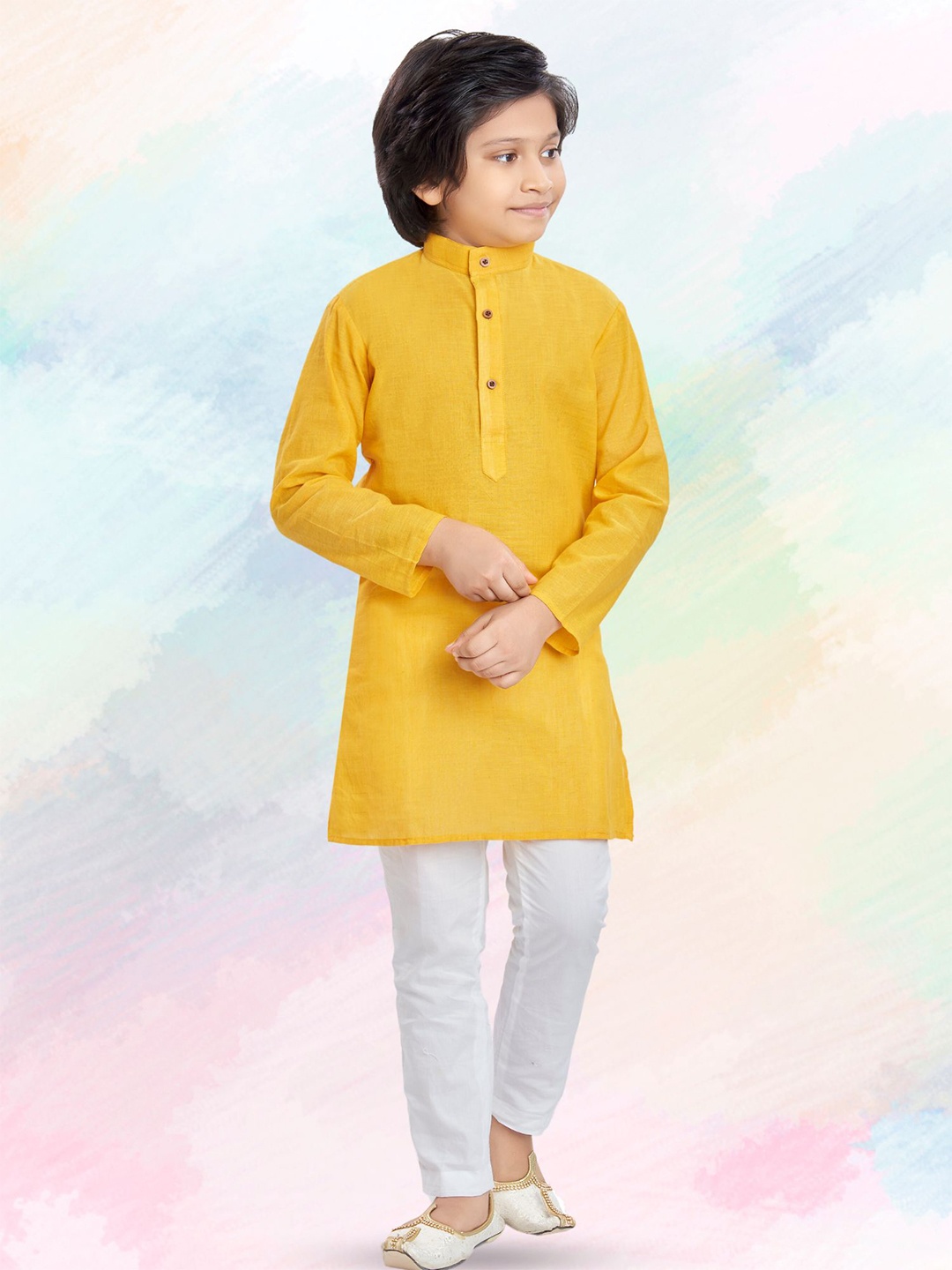 

SHIWAM ETHNIX Boys Band Collar Long Sleeves Cotton Straight Kurta, Yellow