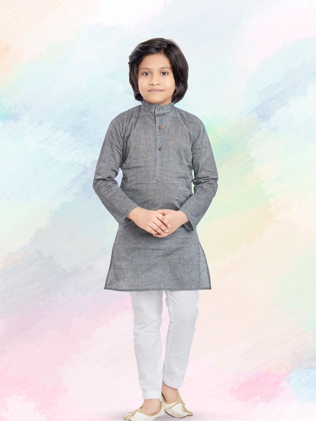 

SHIWAM ETHNIX Boys Band Collar Long Sleeves Cotton Straight Kurta, Grey