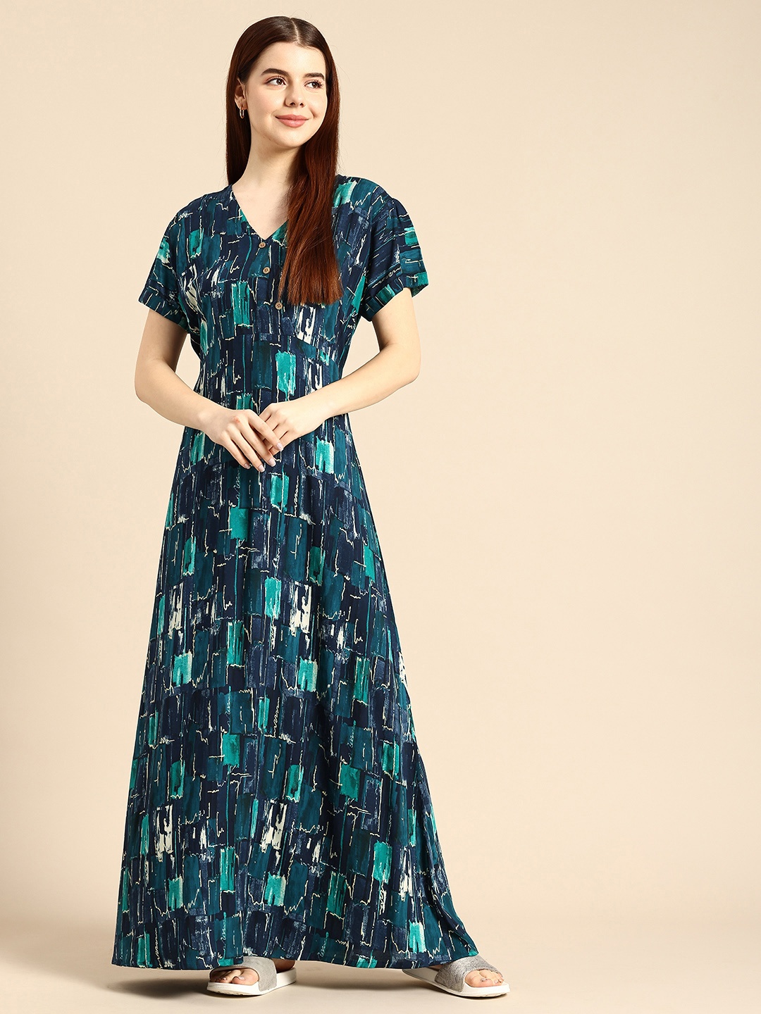 

NIGHTSPREE Abstract Printed Maxi Nightdress, Blue