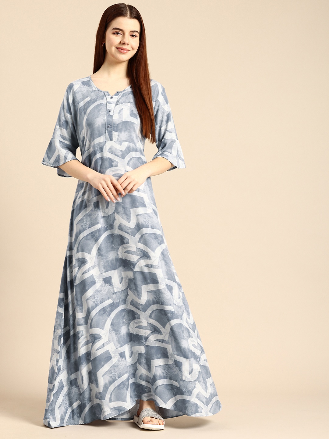 

NIGHTSPREE Abstract Printed Maxi Nightdress, Blue