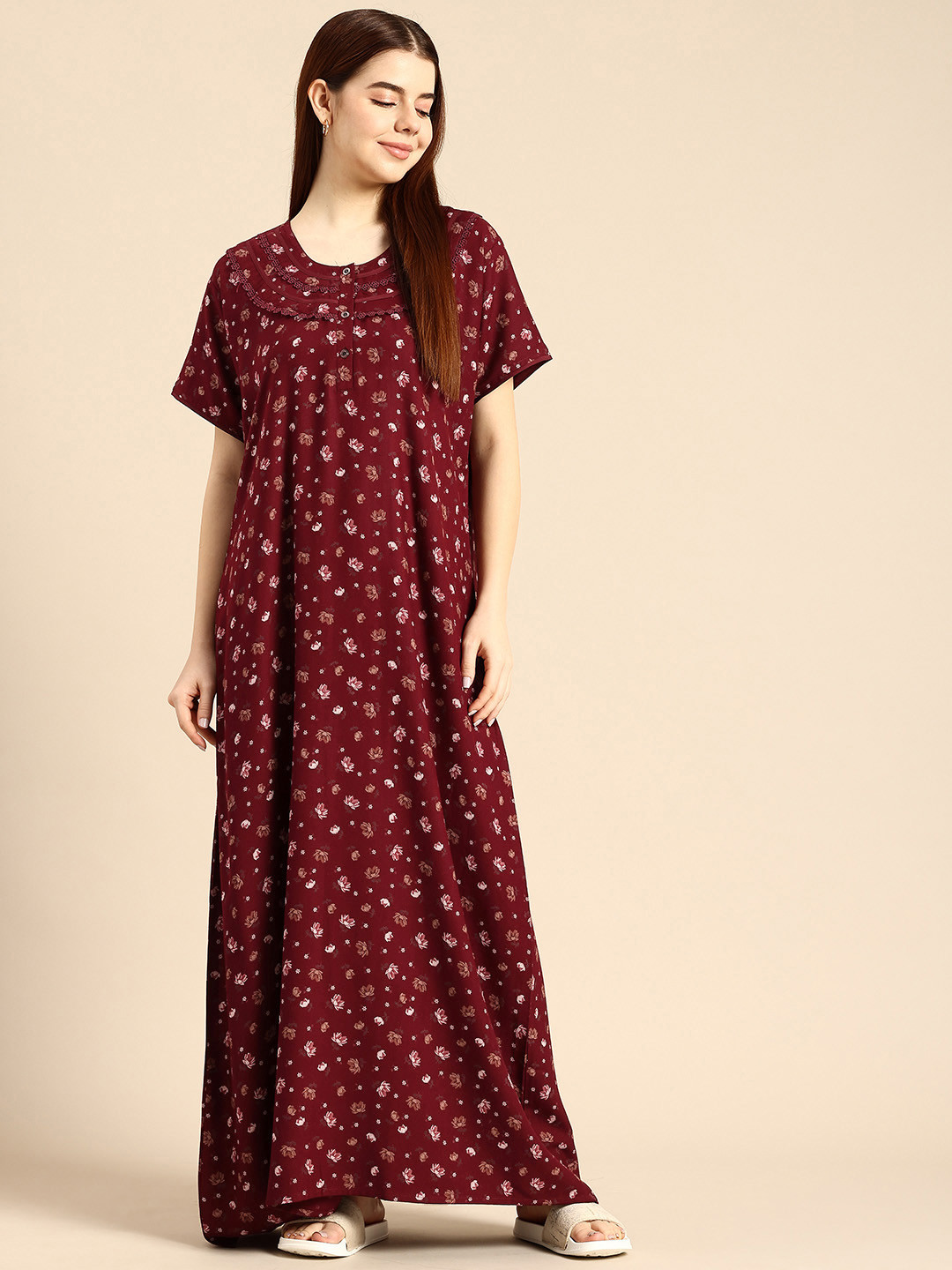 

NIGHTSPREE Floral Printed Maxi Nightdress, Maroon