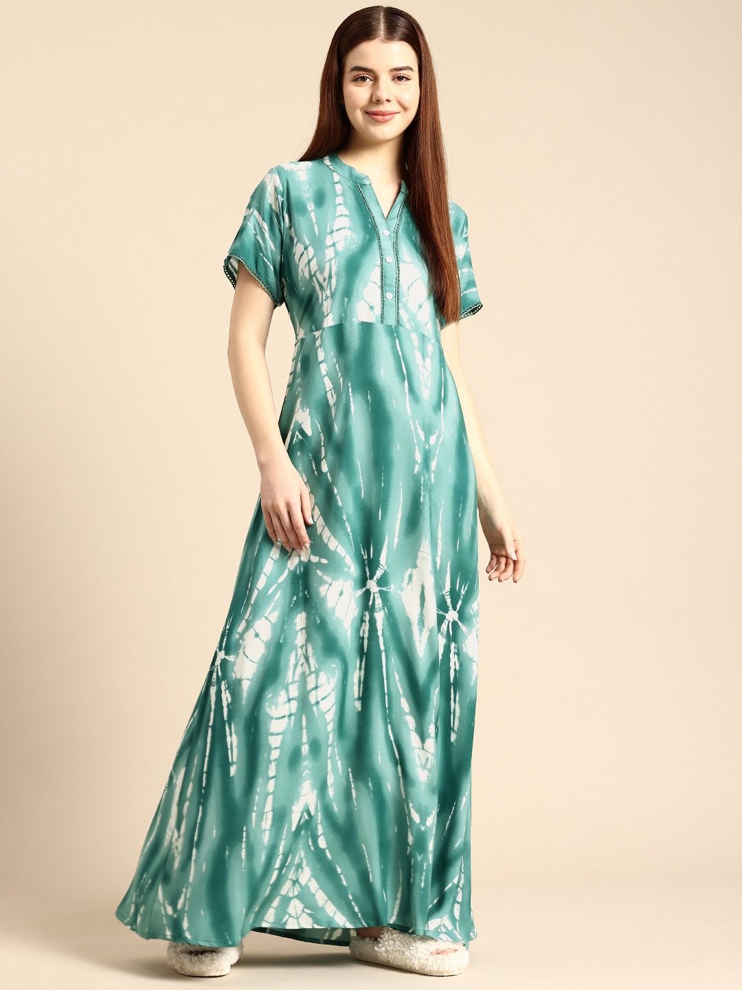 

NIGHTSPREE Abstract Printed Maxi Nightdress, Green