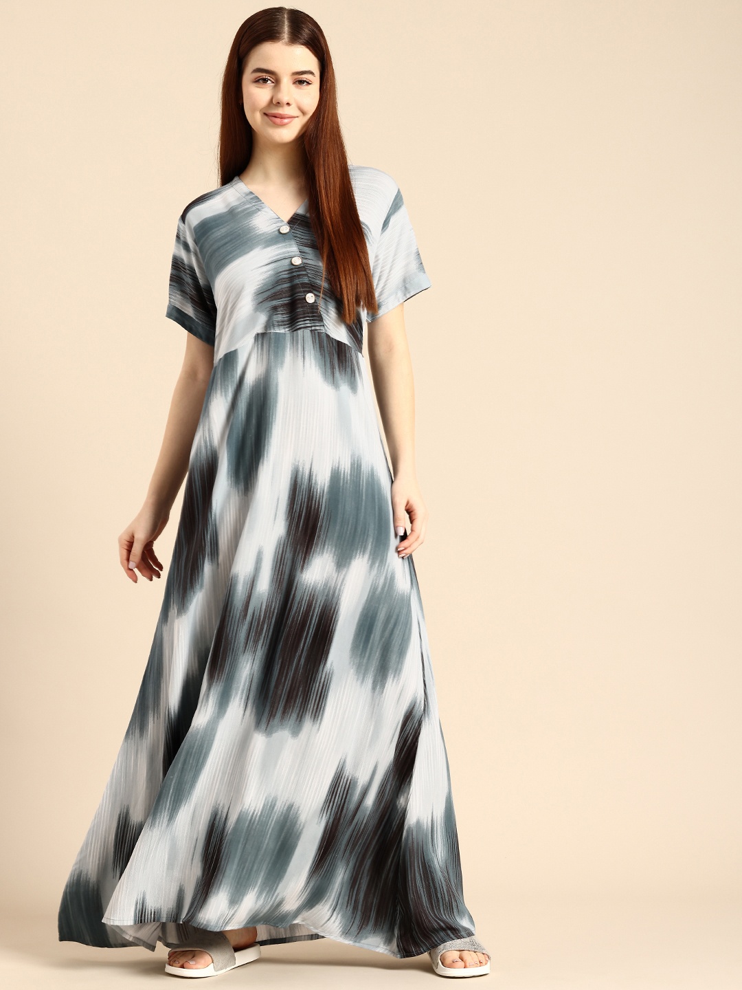 

NIGHTSPREE Abstract Printed Maxi Nightdress, Blue