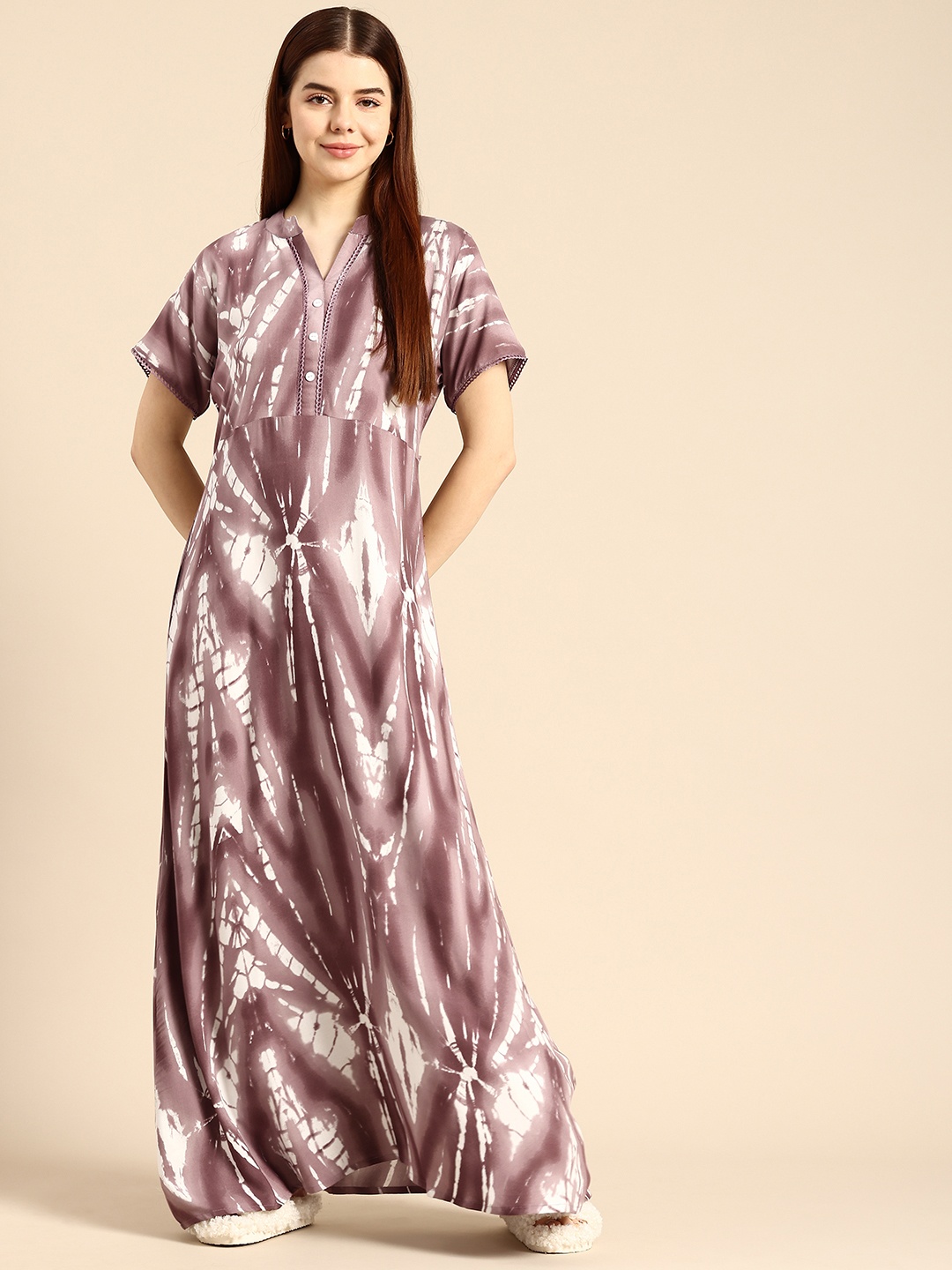 

NIGHTSPREE Abstract Printed Maxi Nightdress, Mauve