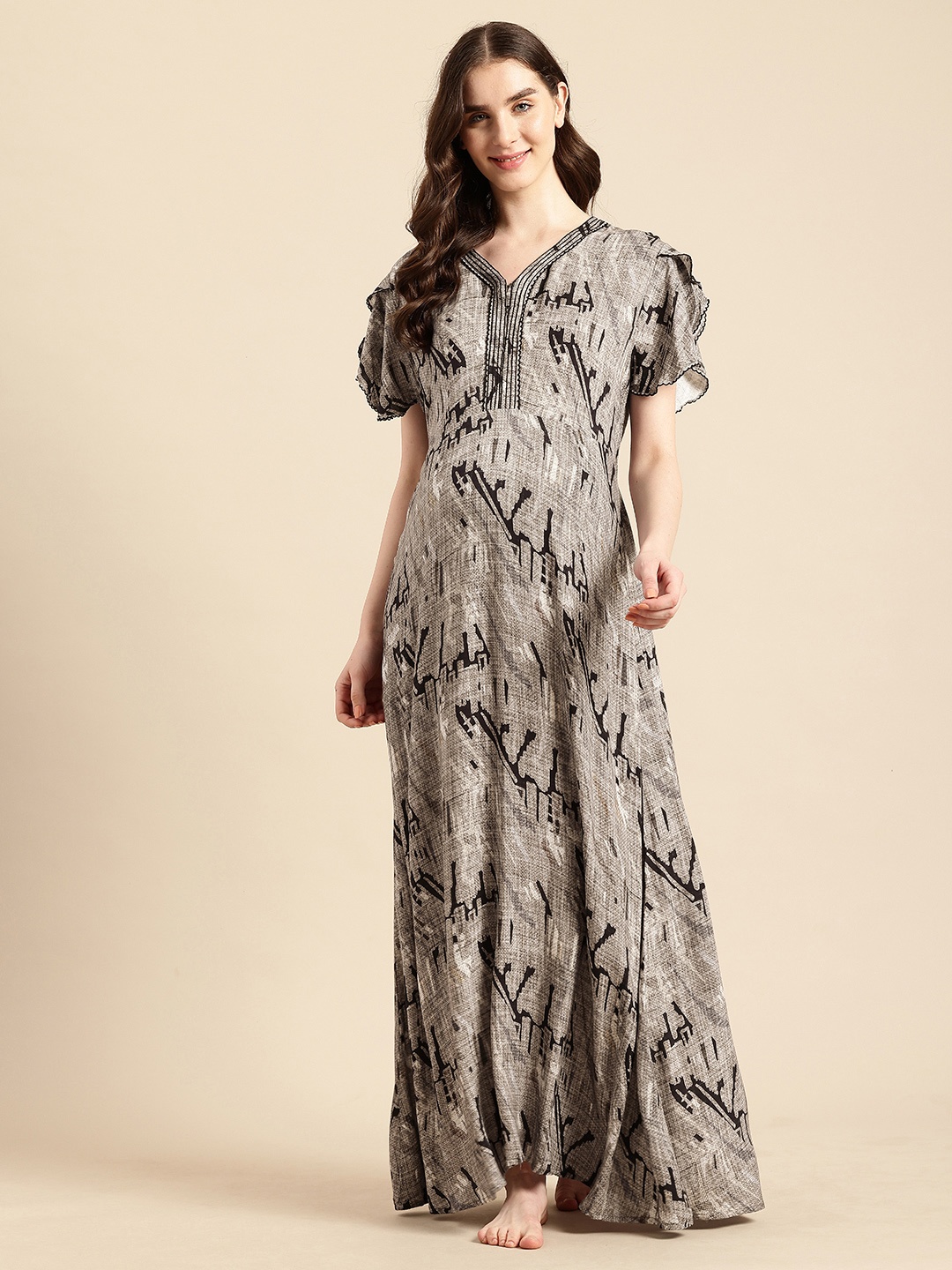 

NIGHTSPREE Printed Maxi Nightdress, Grey