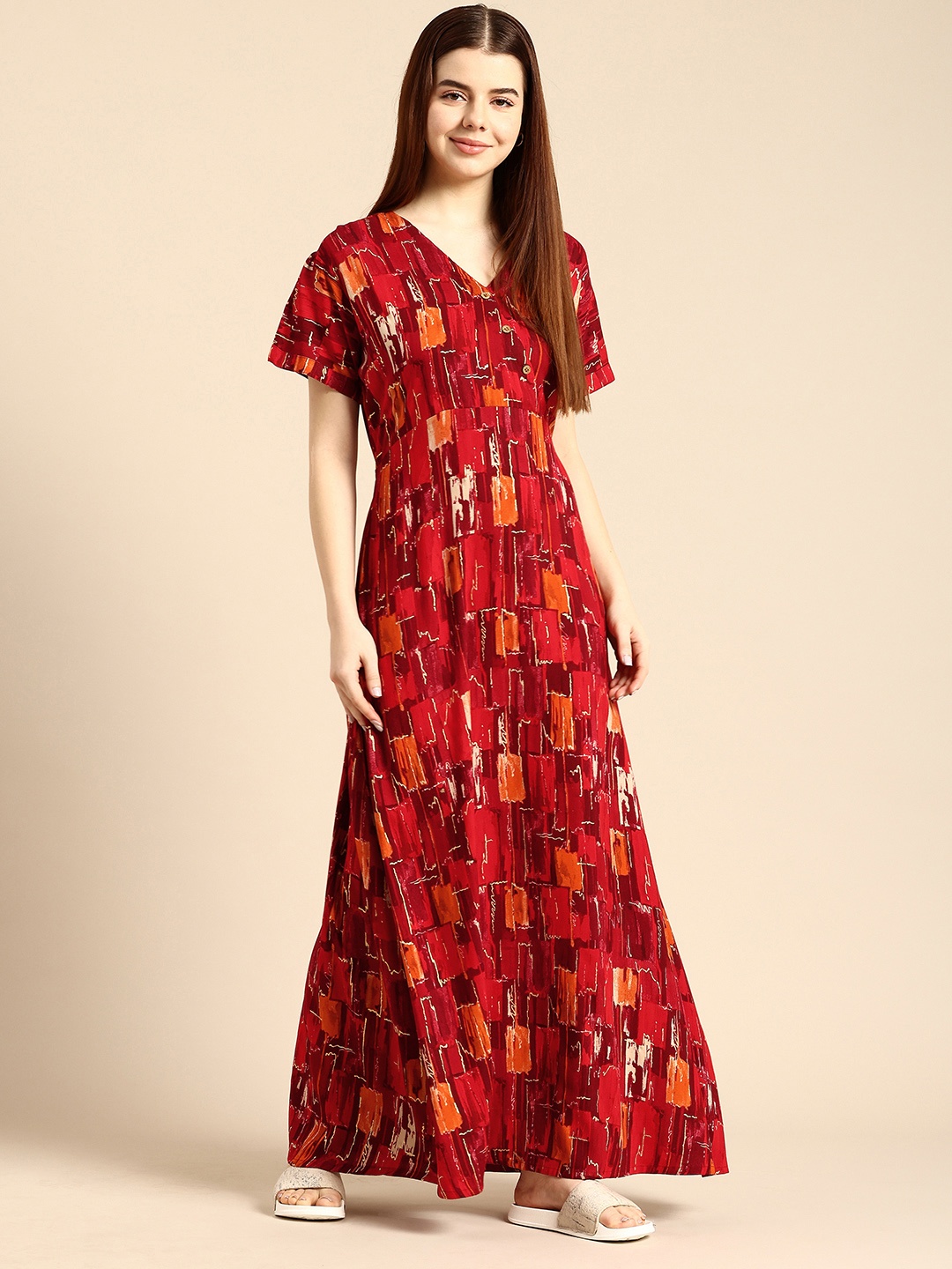 

NIGHTSPREE Abstract Printed Kaftan Maxi Nightdress, Red