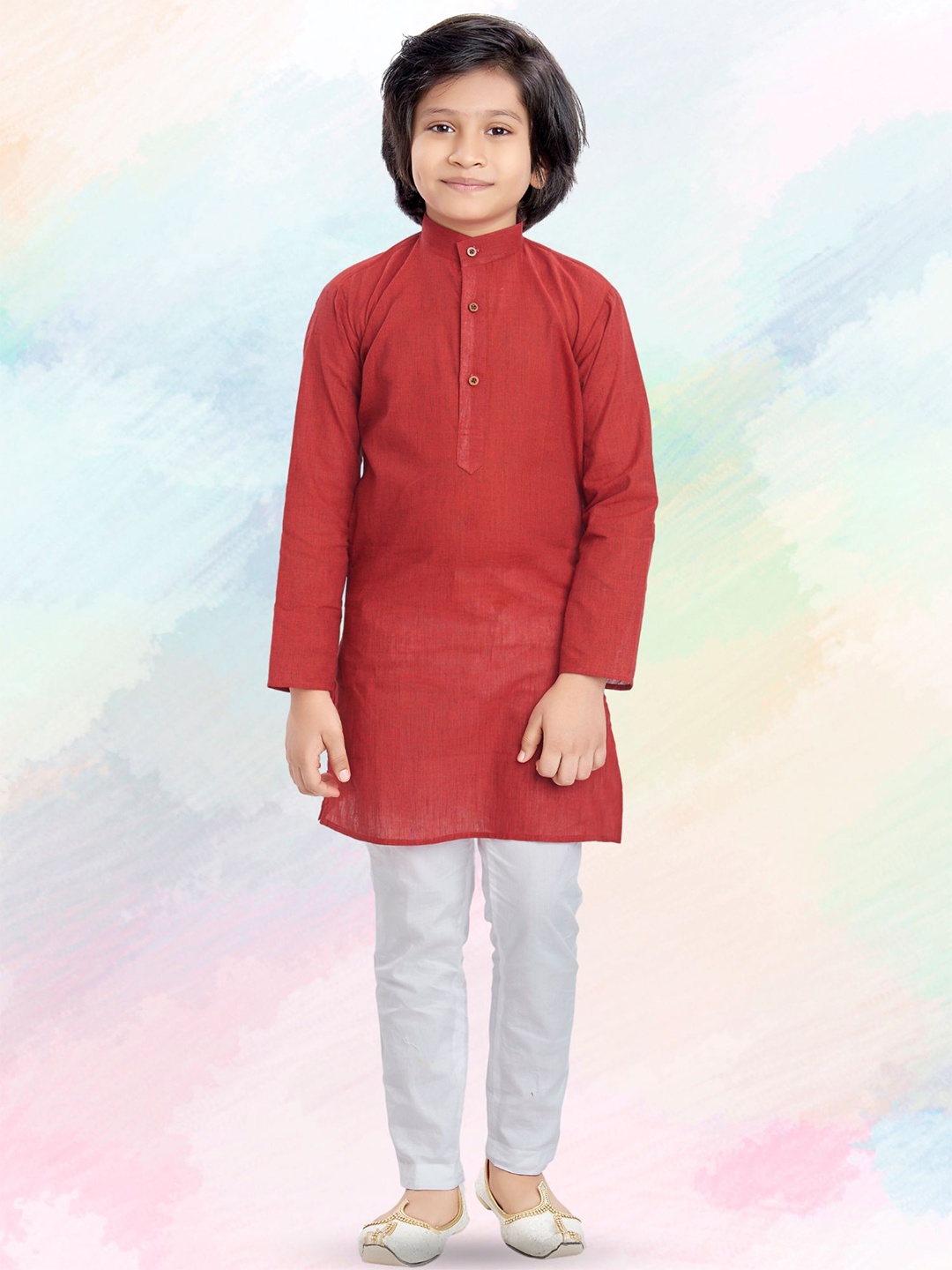 

SHIWAM ETHNIX Boys Band Collar Long Sleeves Straight Kurta With Pyjamas, Red