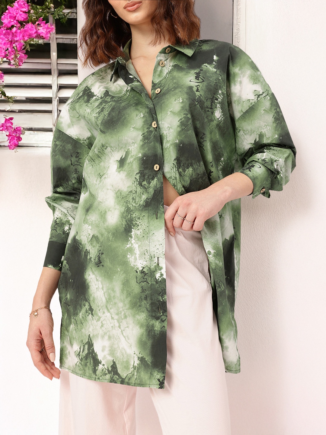 

DressBerry Rugged Rhythm Dyed Drop-Shoulder Oversized Longline Shirt, Green